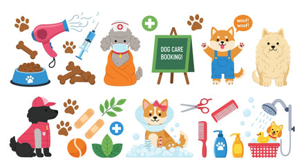 Dog Grooming Care Illustrated Items for Pet Health and Hygiene  