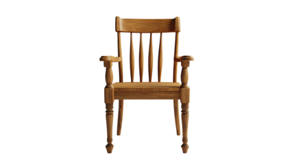 A classic wooden armchair with vertical slats on the backrest and turned legs, showcasing a traditional craftsmanship design.