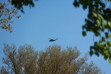 Helicopter is flying in the sky above a tree