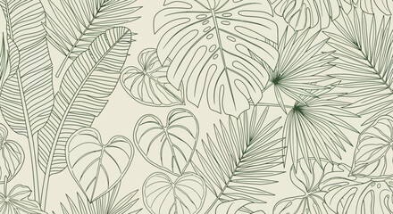 Elegant Tropical Leaves Line Art Background Design - Modern Botanical Seamless Pattern with Monstera and Palm Leaves