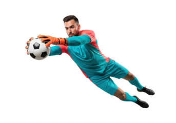 Dynamic Soccer Goalkeeper Diving for Ball Save, isolated on white background