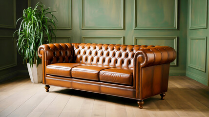 . The sofa has a classic chesterfield design with a low profile and dark wooden bun feet