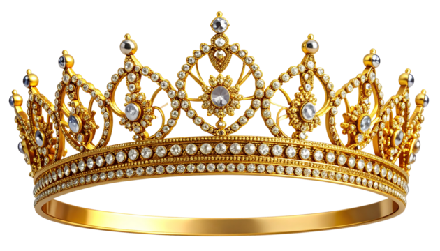 Golden tiara with intricate detailing and sparkling gemstone accents