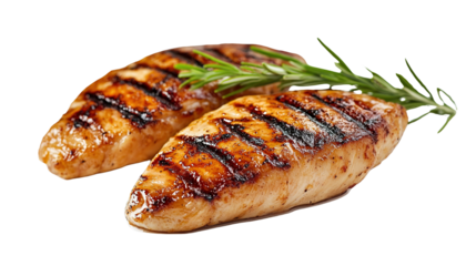 Two grilled chicken breasts with visible char marks, garnished with fresh rosemary sprigs.