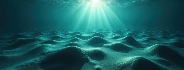 Serene underwater scene with vast expanse of blue water and green vegetation. Small white specks on water surface contrast with deep blue. High-angle view emphasizes depth and scale.