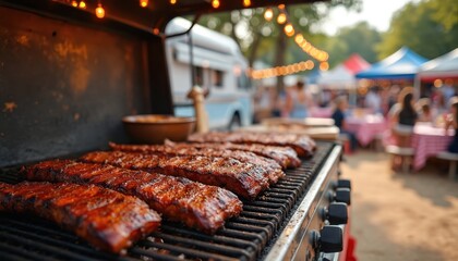 Outdoor BBQ scene with black grill, white lid, brown ribs cooking on six racks. Rustic patio, blue tent, white tablecloth-draped table create lively atmosphere. Summer food, festival, community