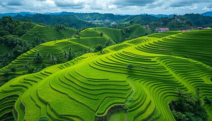 Obraz premium Drone view of lush green rice terraces, Tegallalang, Bali , nature, paddy fields