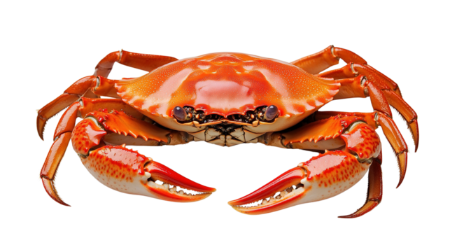 A vibrant orange crab with large pincers and detailed shell texture faces forward.