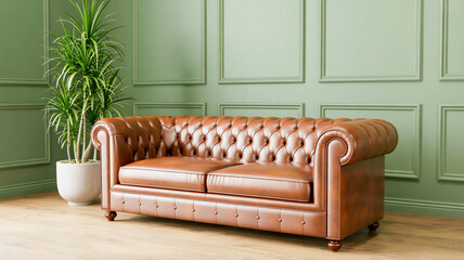 . The sofa has a classic chesterfield design with a low profile and dark wooden bun feet