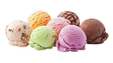 Seven colorful scoops of ice cream including flavors like vanilla, chocolate, strawberry, and pistachio are arranged in a cluster.