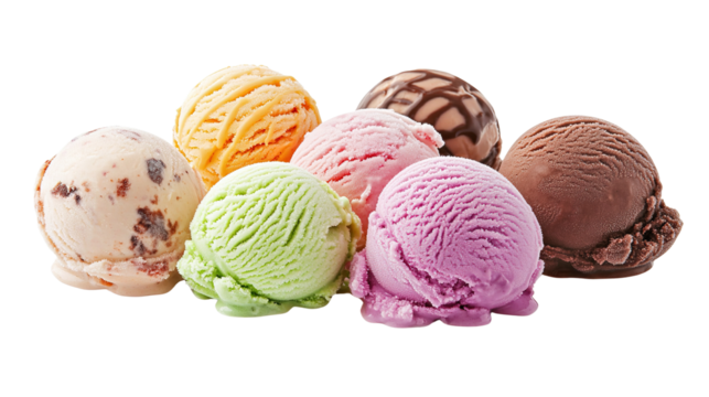 Seven colorful scoops of ice cream including flavors like vanilla, chocolate, strawberry, and pistachio are arranged in a cluster.