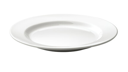 A clean, round white ceramic plate with a smooth surface and a slightly raised rim.