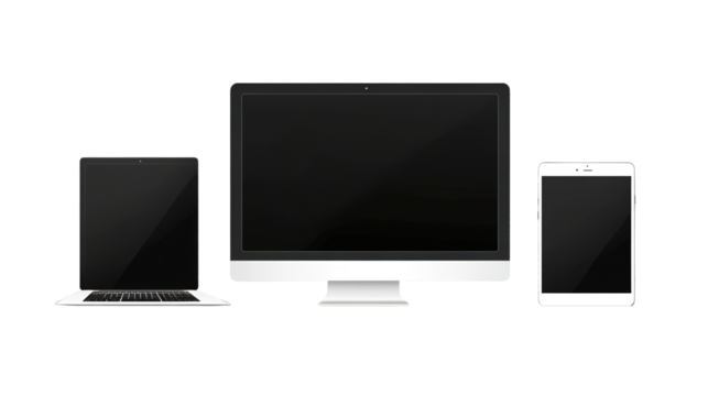 Three electronic devices including a laptop, a desktop monitor, and a tablet, all with black screens. - Powered by Adobe