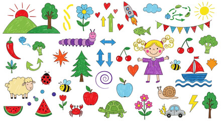 Colorful Childlike Drawings of Nature and Everyday Objects, Ideal for Creative Projects and Educational Resources