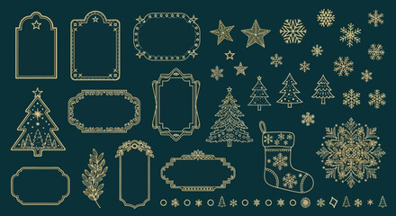 Elegant Line Art Christmas Elements Frames, Stars, Trees, and Snowflakes for Holiday Designs