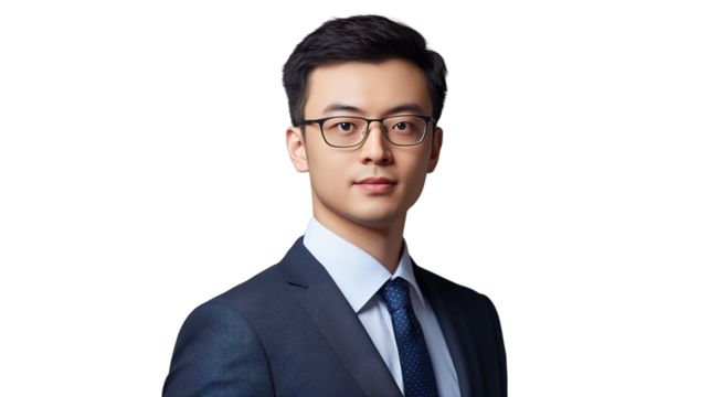 Young professional man wearing glasses and a navy suit with a white shirt and tie, looking confidently at the camera. - Powered by Adobe