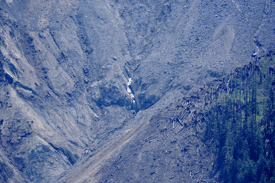 Close-up of rock with gravel and glacier at mountain named Kleines Nesthorn seen from Lauchernalp on a sunny late spring day. Photo taken June 19th, 2025, Lötschental Lauchernalp, Switzerland.