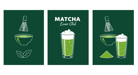 Matcha Lover's Delight  Minimalist Illustration of Green Tea Beverages and Preparation Elements