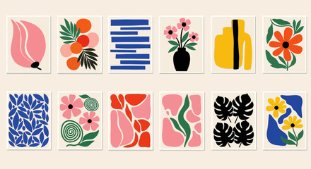Abstract botanical collection with modern floral shapes, vibrant colors, and organic form for stylish wall art and design projects.