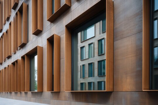 Urban duplex with vertical window fins bronze anodized aluminum cladding harsh midday light defined cast shadows tight composition