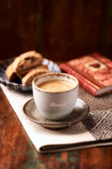 Cup of coffee on wooden background. Soft focus. Copy space	