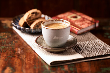 Cup of coffee on wooden background. Soft focus. Copy space	