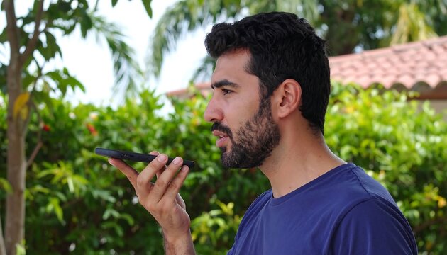 Man speaking into smartphone outdoors