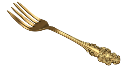An ornate golden fork with an intricate rose pattern design on the handle.