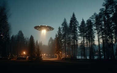 Ufo hovering over treeline and vehicles at twilight, beams of light emanating down