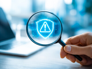 Digital security alert symbol under magnifying glass in a high-tech setting