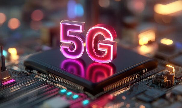 Glowing 5G icon with simplicity and techy elements, resting on top of a computer chip