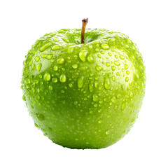 Fresh green apple with water droplets glistening against a black backdrop