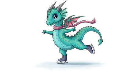 Obraz premium Cute teal dragon on ice skates