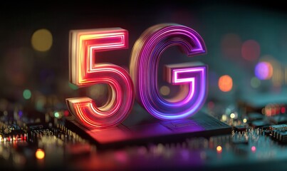 Luminous 5G icon displays modern technology on a detailed circuit board, showing fast communication