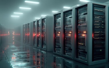Inside a modern server room with racks of functioning computer systems and bright lights