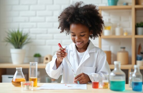 Young African American girl scientist wears lab coat mixes liquids in red test tube. Curly hair, focused expression in cozy kitchen laboratory. Counter with beakers, test tubes filled with colorful