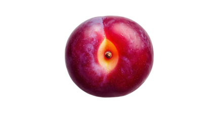 A ripe red plum with a smooth surface and a visible stem end is shown.