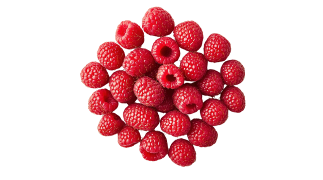 A cluster of fresh, ripe red raspberries arranged closely together, showcasing their textured surface and hollow centers.