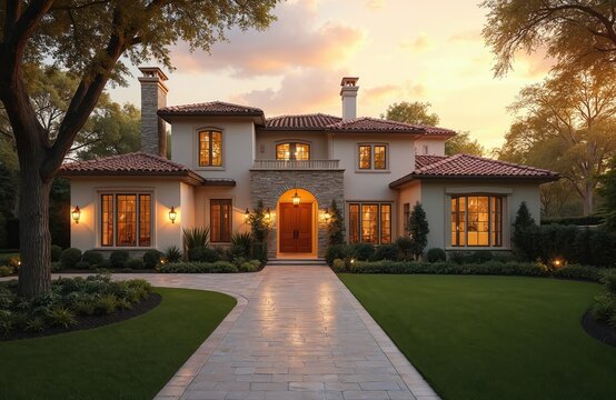 Grand two-story house blends modern, traditional architectural styles. Well-maintained lawn with central pathway leads to main entrance. Large windows, gray roof, stately gray door create harmonious