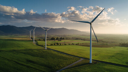 Aerial wind farm over rolling farmland at sunset, An aerial view captures majestic wind turbines standing atop lush, patchwork fields under warm golden light—symbolizing clean energy, sustainable agri