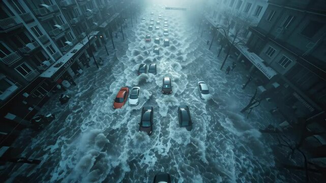 An aerial drone shot looking down at a heavily flooded urban street, cars stuck in deep water, strong currents visible, overcast sky, dramatic, cinematic, ultra-detailed,