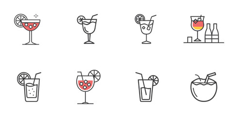Cocktail glass icon set for bar menus, party invitations, drink blogs, summer event clipart, restaurant websites, and celebration design