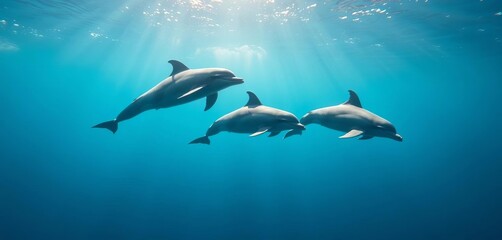Three bottlenose dolphins swimming gracefully in ocean, sunlight dappling water,  group,  blue