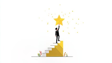 Young businessman climbing career ladder to golden star, flat vector

