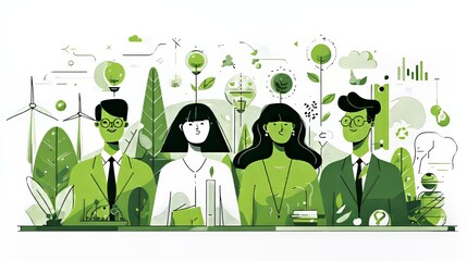 Eco-friendly business ideas with team and green energy icons

