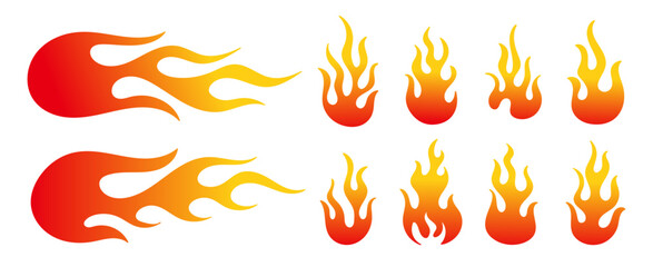 Flame and Fire Silhouette Icon Set with Red and Yellow Comet Blaze Elements Vector Illustration on transparent Background for Graphic Design Decoration and Motion Effect
