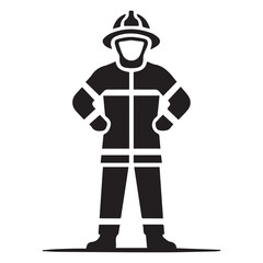 Black silhouette of a firefighter wearing a helmet and protective gear standing confidently with hands on hips against a white background