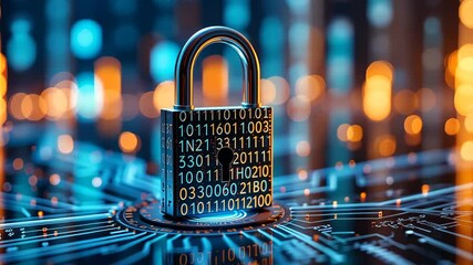 Metallic padlock with binary code on blurred server background in cool blue light. Concept of digital security and data protection - Powered by Adobe