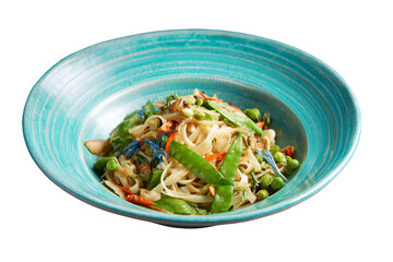 a bowl of noodles with vegetables and meat