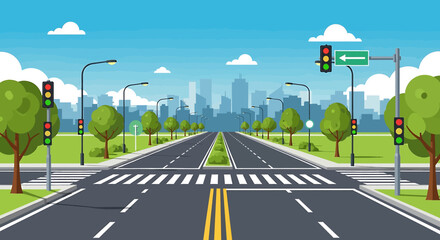 Adobe illustrator vector flat style illustration of a straight city road with multiple lanes, a crosswalk, functioning green traffic lights, streetlights, trees, and a distant urban skyline